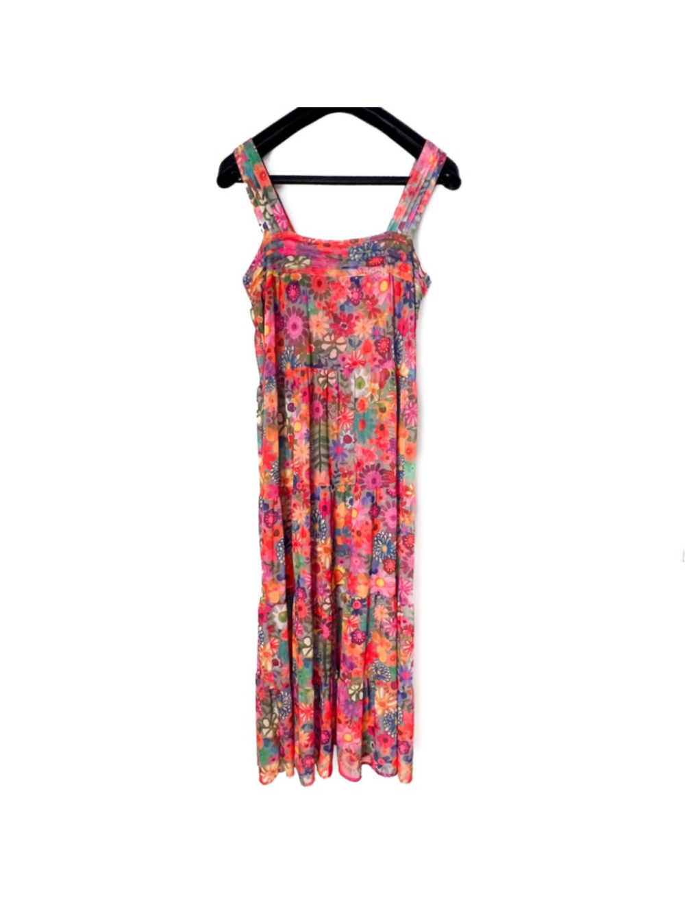 Natural Life Floral Mesh Tiered Maxi Dress Sz M Boho Cottage Rainbow Calico - Picture 2 of 9